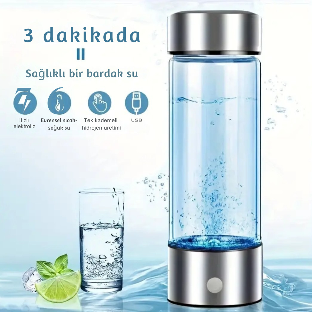 Hidrojenli Su Şişesi – Kompakt, USB ile Şarj Edilebilir, Antioksidanla Zengin